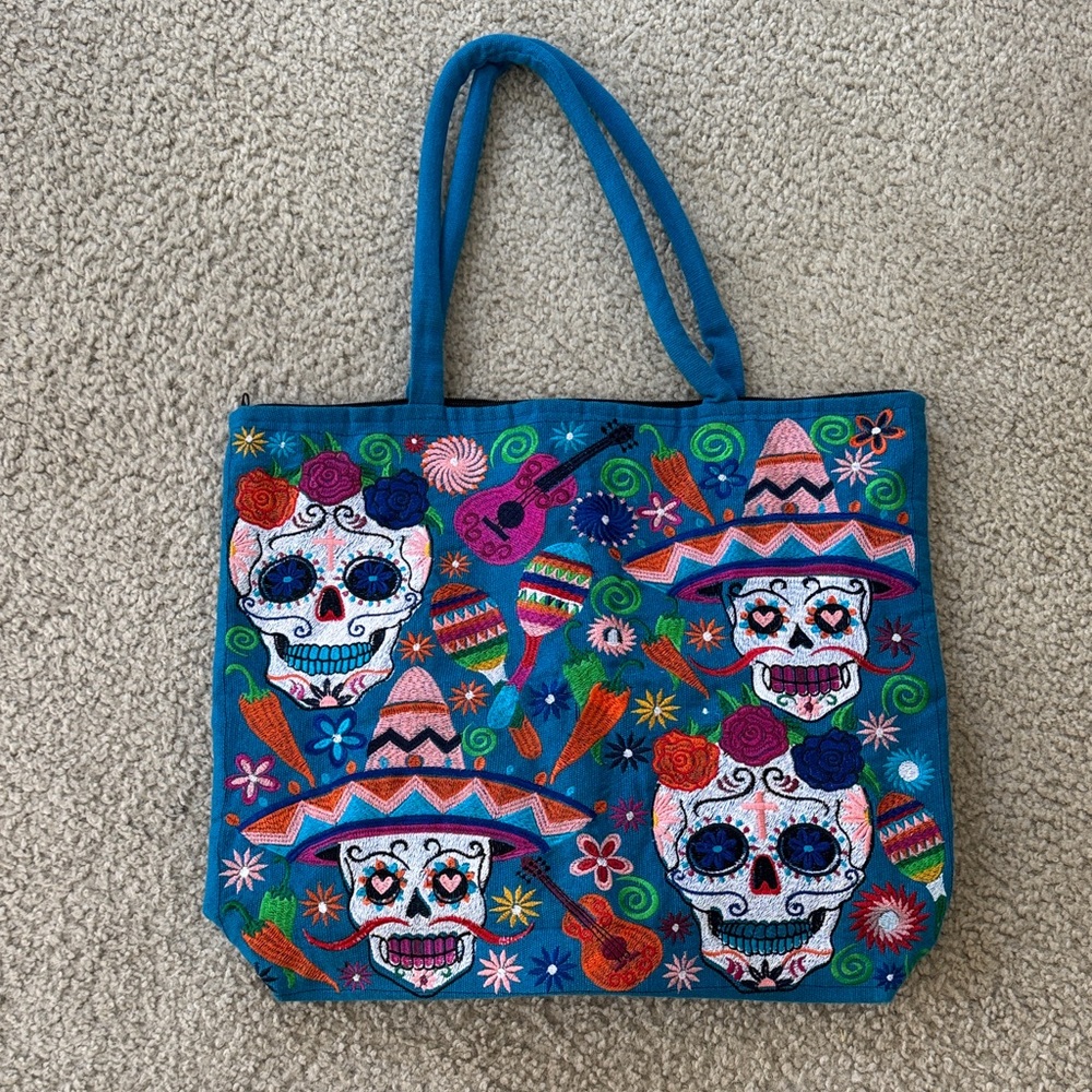 Colorful Embroidered Tote Bag Mexican Dia de los Muertos